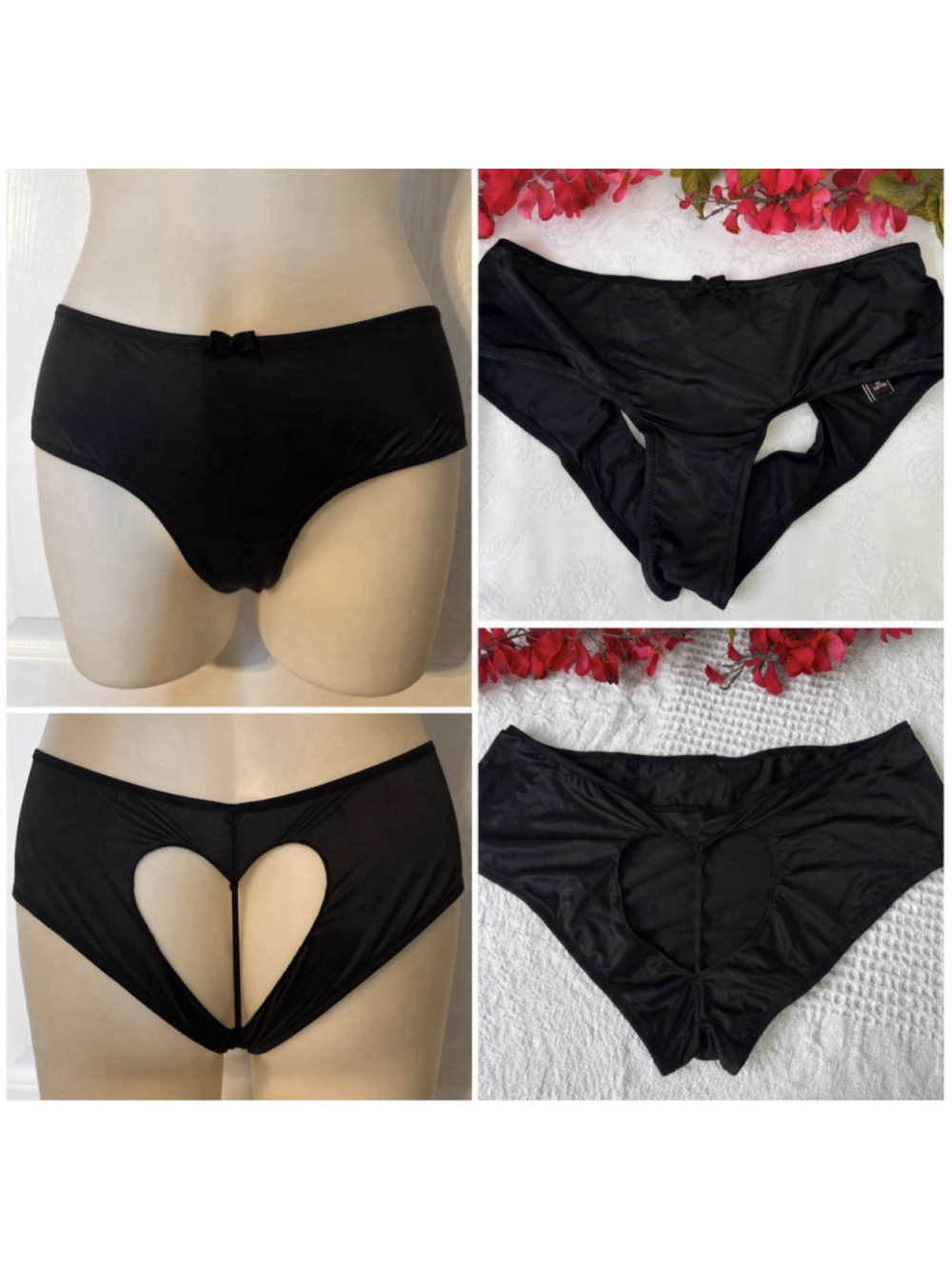 VICTORIA'S SECRET S BLACK SILKY OPEN CUT OUT BACK HEART BUTT CHEEKY PANTIES NWT